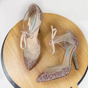 Betsey Johnson Stela Glitter Ankle Tie Pumps Heels Rose Gold 7